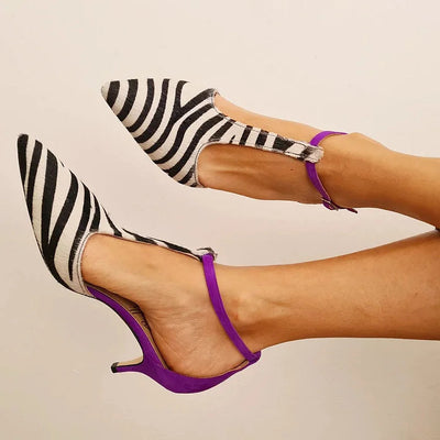 CHIARA | Elegant zebra print décolleté with stylish purple heel